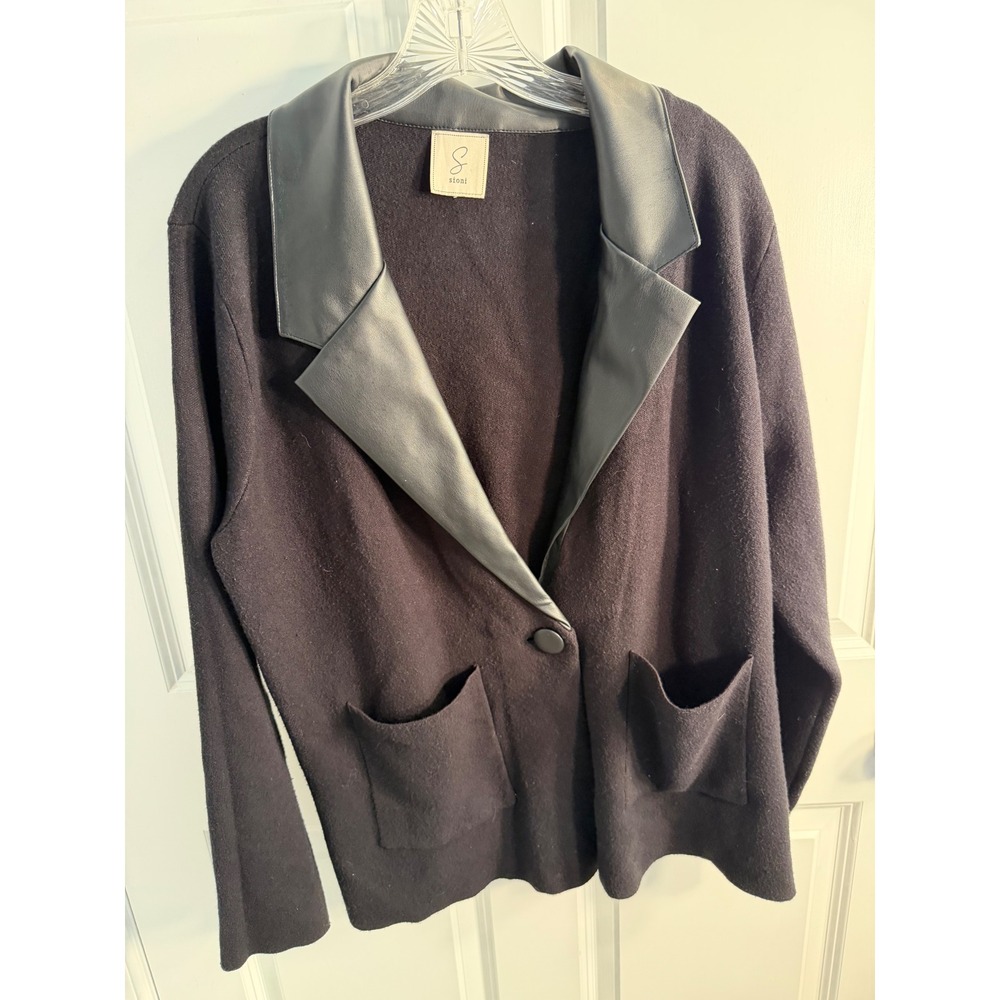 Sioni Womens Black Knit Blazer Cardigan Faux Leather Lapel Single Button Large